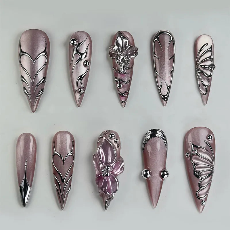 24Pcs Long Stiletto Nails Set Press on Pink Edge French Detachable Fake Nails Art Simple Artificial Full Cover False Nails Tips