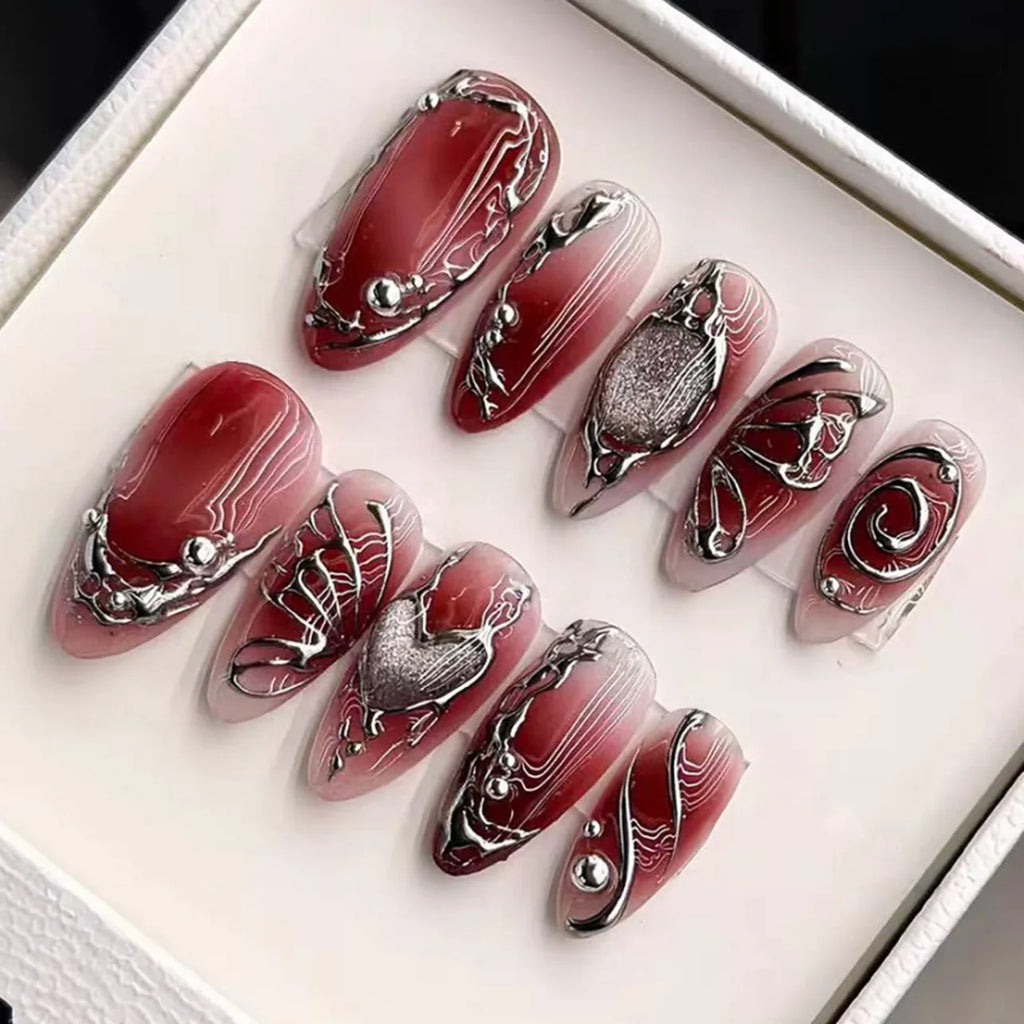 24Pcs Black Y2k Long False Nails with Almond Head Design Cat's Eye Silver Stripe Pattern Press on Fake Nails Wearable Nail Tips