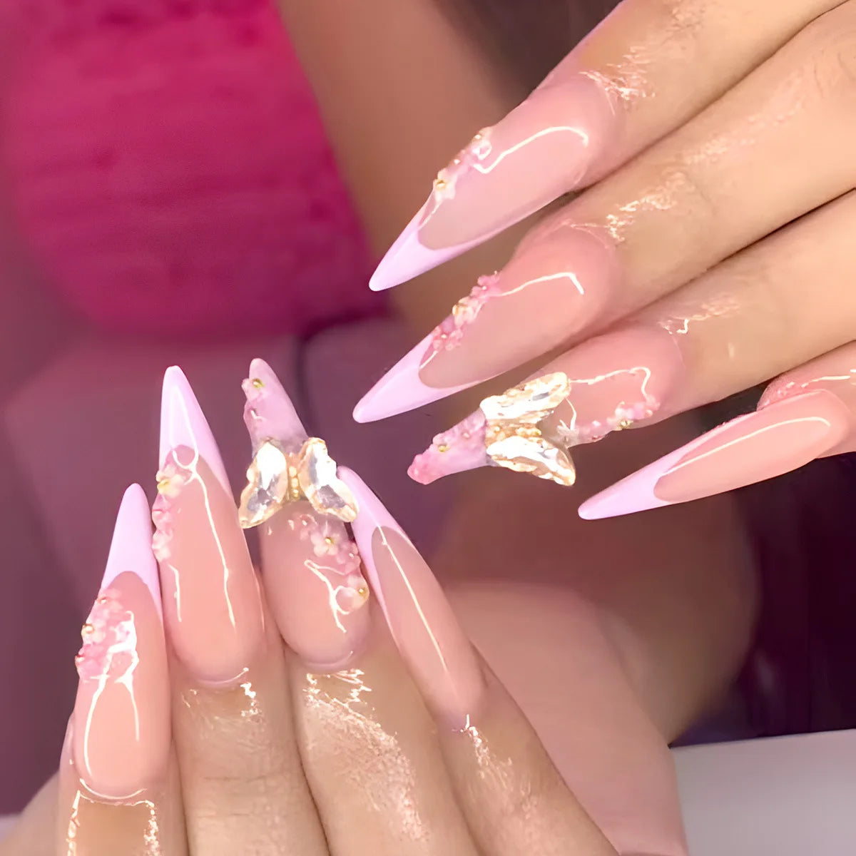 24Pcs Long Stiletto Nails Set Press on Pink Edge French Detachable Fake Nails Art Simple Artificial Full Cover False Nails Tips