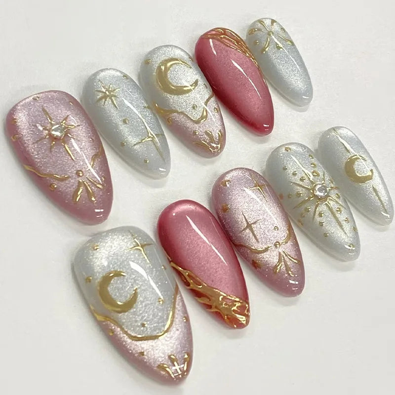 24Pcs Black Y2k Long False Nails with Almond Head Design Cat's Eye Silver Stripe Pattern Press on Fake Nails Wearable Nail Tips