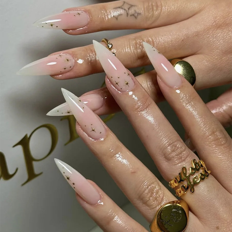 24Pcs Long Stiletto Nails Set Press on Pink Edge French Detachable Fake Nails Art Simple Artificial Full Cover False Nails Tips