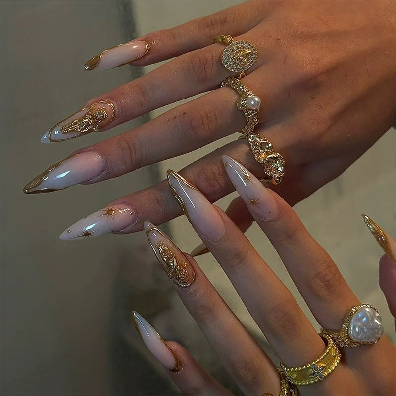 24pcs Long Stilleto Press on Fake Nail Leopard Print Design False Nails with Golden Foil Wearable French Full Cover Nail Art Tip