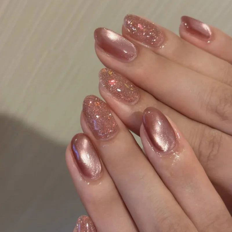24pcs Long Almond Press on Nails False Nails with Golden Decoration Wearable Stick-on Nails Fake Nail Uñas Накладные Ногти 네일팁