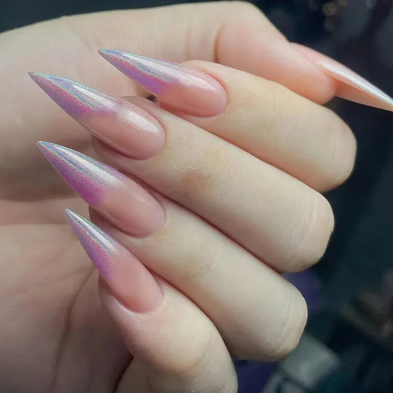 24Pcs Long Stiletto Nails Set Press on Pink Edge French Detachable Fake Nails Art Simple Artificial Full Cover False Nails Tips